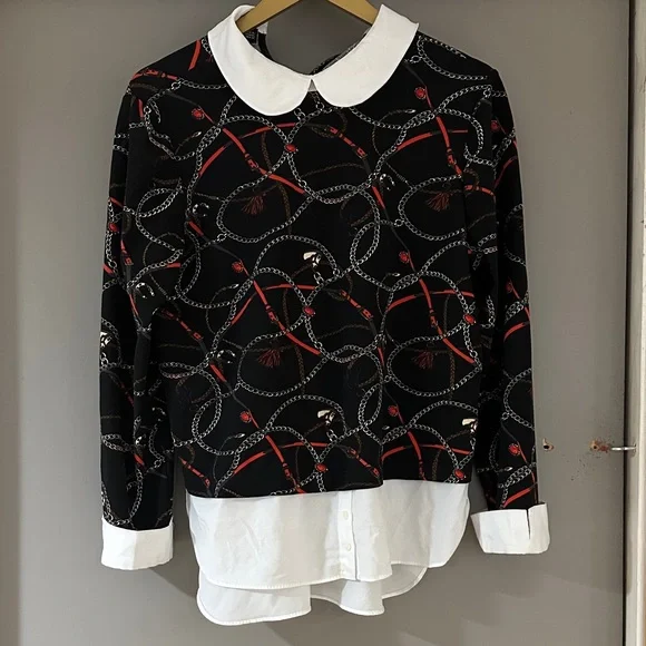 Black Equestrian Chain Print Blouse – Women’s Layered Horse Bit Pattern Top - Picture 4 of 5